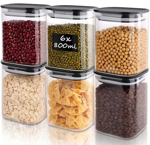 Aevcvok 800ml Vorratsgläser Eckig 6er Set - 10x12,5 cm | Vorratsgläser mit Deckel | Luftdicht Vorratsdosen Glas | Vorratsglas Vorratsbehälter Aufbewahrungsgläser für Pasta, Reis, Mehl, Bohnen