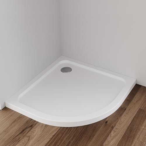 IMPTS Plato de ducha 90 x 90 x 4 cm, redondo, juego completo | Ducha acrílica extra plana blanca para mampara de ducha, incluye desagüe