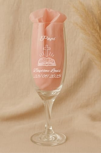 Générique Flûte à champagne personnalisée Baptême – Modèle Bible – Gravure prénom & date – Cadeau Parrain Marraine – Verre gravé souvenir baptême