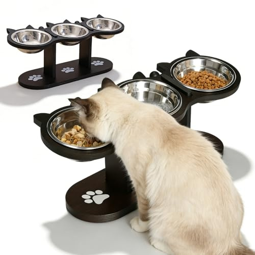 GOMETY Lot de 3 gamelles surélevées 3 en 1 pour chat avec 3 gamelles en acier inoxydable - Hauteur réglable - Avec support en bois - Gamelle ergonomique pour chien - Noir