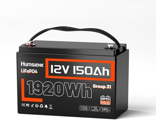 HumsiENK Batterie Lithium LiFePO4 12V 150Ah, 1920Wh Batterie LiFePO4 Rechargeable BMS 110A Intégré,15000 Cycles Profonds, 10 Ans de Durée de Vie,pour Camping-Car,Énergie Solaire, Hors Réseau, Moteur