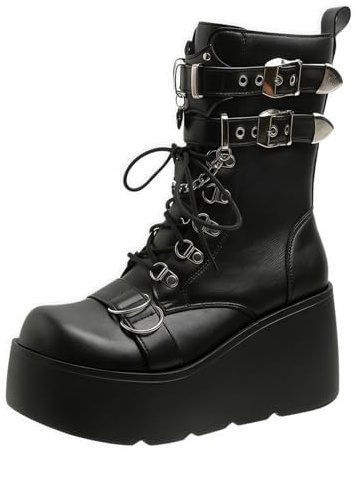 Jemnpela Stivali con Platform per Donna Tacco Spesso Stile Gothic Punk Caviglieri con Lacci e Cerniera Laterale Suola a Zeppa Scarpe per Halloween Cosplay Appuntamenti ed Eventi