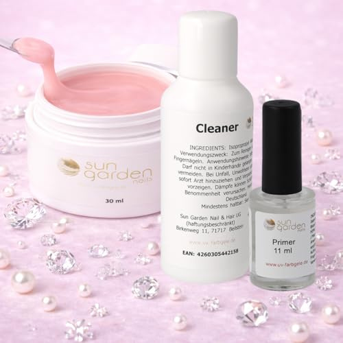 Sun Garden Nails Nailset mit Aufbaugel Milky Pink 30ml | Mit Nail Primer, Nagel Cleaner 100ml, Zur Nagelverlängerung, Für Gelnägel