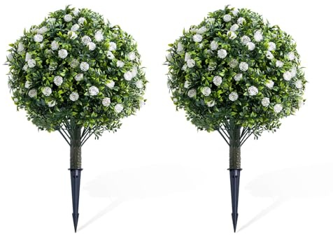 Garvee UV Resistant Artificial Topiary Ball Trees Set of 2 with White Rose Flowers – Weatherproof Faux Plant Decor, Realistic PE Leaves, Metal Ground Spikes, Indoor Outdoor Use, 60CM