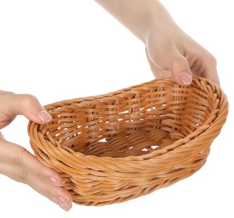 Small Poly Wicker Woven Bread Basket, Plastic Wicker Serving Basket | 20 x 12.5 x 7.3 cm for Serving Vegetables Kitchen Restaurant Display Centerpiece Storing Bread (Brown)