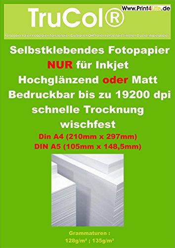 trucol 50 Blatt A4 selbstklebendes FOTOPAPIER MATT Etiketten DIN A4 für Tintenstrahldrucker 210 x 297mm 128g/m²