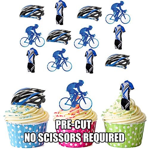 AK Giftshop Blue Cycling Cake Decorations - Edible Cup Cake Toppers (Pack of 12)