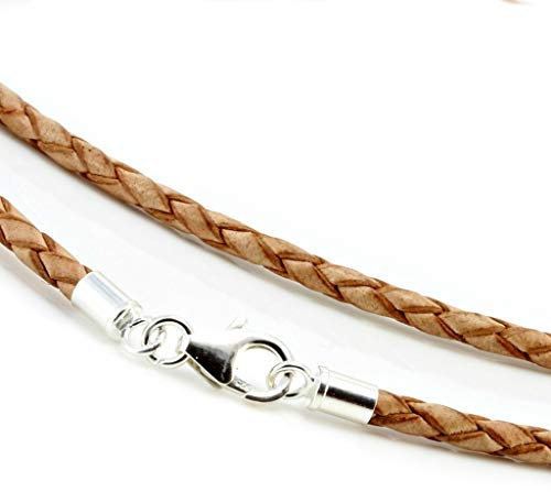 CMJ London Men's/Ladies 3mm Braided Leather Necklace-Sterling Silver Clasp-Natural Tan 22 / 53.5cm