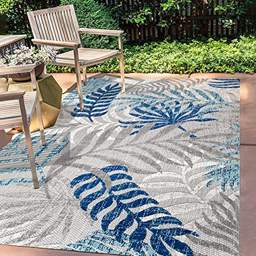 JONATHAN Y AMC100A-5 Tropische Palmenblätter Indoor Outdoor Bereich Teppich Bohemian Floral, leicht zu reinigen, Schlafzimmer, Küche, Hof, Terrasse, Veranda, nicht fusselnd, 150 cm x 240 cm, Grau/Blau