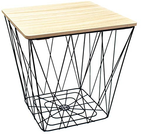 Carousel Home and Gifts Square Wooden Top Geometric Wire Occasional Side Table - Storage Basket Table With Lid