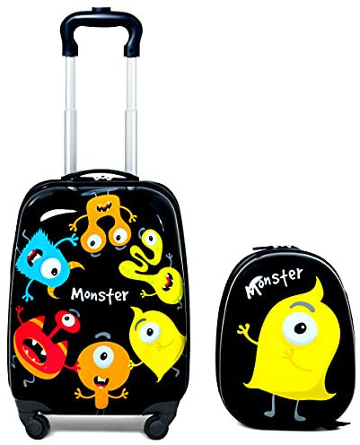 RELAX4LIFE Set de Valise Enfant à roulettes 16 et Sac à Dos 12 en ABS, Bagage Trolley Enfant pour Voyage, École, Jardin d’Enfant, Éléphant Coloré/Poulain Rose/Zoo Bleu (Monstre Noir)