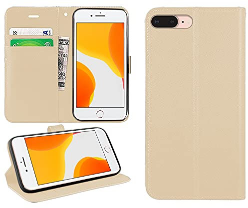 DN-Technology iPhone 7 Plus Case, iPhone 8 Plus Case, Flip Folio PU Leather Book Phone Cover, Wallet Stand Feature Magnetic Closure ID Card Holder Slots, For iPhone 7+/8+ Cover (GOLD)