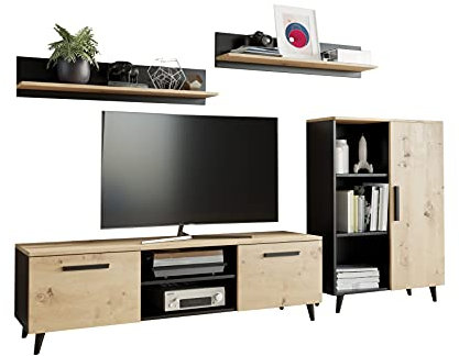 MATKAM Wohnzimmermöbel-Set Oslo, 4-teilig, 1 x TV-Kommode H47x B150 x T40 cm, 1 x Wohnzimmerkommode H112 x B80 x T30cm, 2 x Hängeregale H20 x B100 x T20 cm (Artisan Eiche-Schwarz)