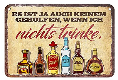 Alkohol Blechschild - lustiges Deko Metallschild mit Kordel und Saugnapf - witzige Schilder Dekoration für Bar Kneipe Partykeller Partyraum Kellerbar Hausbar Theke - Party Alkohol Zubehör - 18x12cm