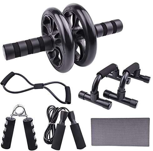 6 in 1 Bauchmuskelrad, Bauchmuskeln, Fitnessgeräte, Set mit verstellbarem Springseil, Klemme, Schiebestange, AB-Rolle, Kniebandage und Spanner (schwarz)