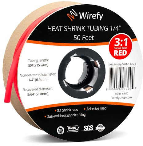 Wirefy Guaina Termorestringente 6,4 mm - Tubo Isolante 3:1 - Interno Adesivo - Rosso - Rotolo 15 m