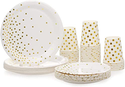 xiaoyige 100 platos de papel, servilletas, decoración de vajilla de fiesta, vajilla y tazas, platos de postre, uso para fiestas de cumpleaños, bodas, aniversarios, blanco con lámina dorada