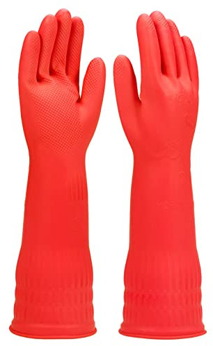 IUCGE Lot de 3 paires de gants de nettoyage en caoutchouc pour cuisine, doublure en coton, gants de vaisselle longs avec doublure, réutilisables (petit)