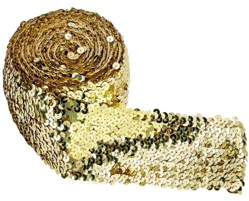 FINGERINSPIRE 5m Paillettenbesatz elastisches Paillettenband Flache Pailletten Pailletten-Spitzenbesatz 75mm Gold-Metallic-Stretchbesatz Paillettenbesatz zum Nähen von Kleiderstirnbändern