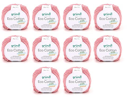 Gründl Wolle Eco Cotton - Wolle zum Häkeln - Wolle zum Stricken - Häkelgarn - Weich und hautfreundlich - 100% Bio-Baumwolle - 10 Knäuel 50 g / 105 m - Nadelstärke 3,5-4,5 - pastell rosa