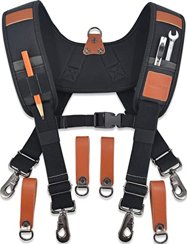 WELKINLAND Bretelles de ceinture à outils en cuir robuste, bretelles de sac à outils en cuir, bretelles de charpentier, ceinture à outils de construction pour homme, Noir avec marron, Large