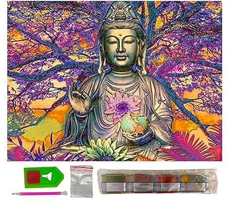 SusggO Diamond Painting, Kit Komplett Diamantmalerei-Set, 40x30cm, Diamantmalerei komplett Zubehör 5D Kreuzstich Stickerei, Basteln, Dekoration für Haus, Wand (Buddha Flower Lotus)