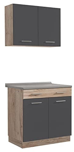 Homestyle4u 2361, Küche Küchenzeile Küchenblock Eiche Holz Grau Einbauküche Single Küchen Schränke 80 cm