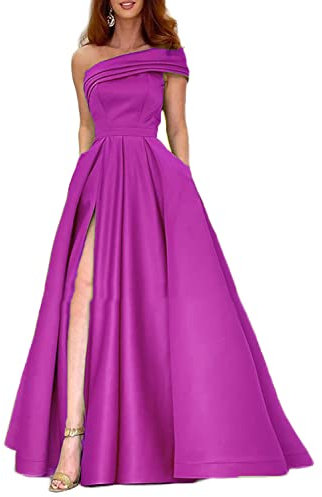 Leader of the Beauty Vestidos para mujer, vestidos largos de fiesta de noche de un hombro con bolsillos, vestidos de graduación para adolescentes, fucsia, 48