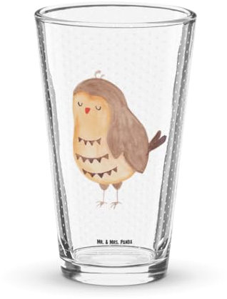 Mr. & Mrs. Panda Premium Trinkglas Eule Zufrieden - Geschenk, Spruch schön, Wasserglas, Geschenk Hochzeitstag, Bierglas, Eule deko, müde, Cocktail