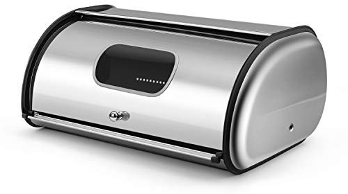 Flexzion Stainless Steel Bread Box Holder (13 inch) - Kitchen Countertop Metal Bread Storage with Roll Up Lid & Front Window for Restaurant & Homemade Cakes, Buns, Pastries, Pancakes, Cookies