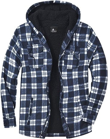 JACKETOWN Giacca Uomo Invernale Scacchi Felpa Fodera in Pile con Cappuccio e Cerniera Caldo Manica Lunga Termica Fleece Giubbino Uomo Cappotto, (Blu-S)