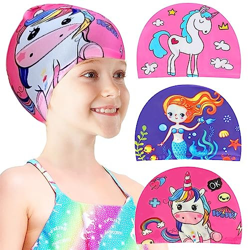 Echehi Cuffia Piscina Bambino 3 pezzi Unicorni e Sirene, Cuffia Piscina Donna in Poliestere, Cuffia Piscina Bambina