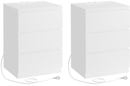 VASAGLE Kailyn Colección - Mesita de Noche con Estación de Carga, Juego de 2, Mesa Auxiliar con 3 Cajones, 2 Tomas AC, 2 Puertos USB, Salón, Dormitorio, Estudio, Blanco Nube LET831W14