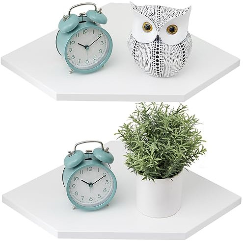 Gieanoo White corner shelf, Set of 2 Solid Oak Wood White Floating Corner Shelves Wall Mount Organizer with Wire Hole Small Plant Display for Kitchen Living Room Bedroom