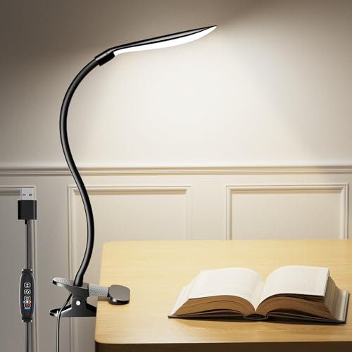 CRLL Klemmleuchte, USB Leselampe Bett Klemme, Augenschutz LED Lampe, Schreibtischlampe Klemmbar Kinder mit Dimmen 5 Farben& 5 Helligkeiten, Nachttischlampe ideal für Lesen, Malen, Nähen, Nagelkunst
