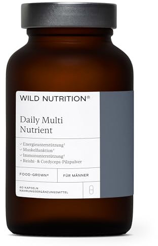 WILD NUTRITION ​​Food-Grown® Tägliches Multivitamin für Männer, Zink und Vitamin C zur Muskelregeneration + Energie & Immun-Support | Breitspektrum Multivitamine für Männer | 60 Kapseln