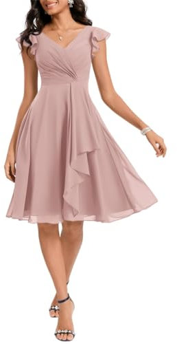 Robe de demoiselle d'honneur avec col en V et volants Longueur genou Robe d'invitée de mariage pour femme pour jardin, plage, soirée, vieux rose, 50 plus