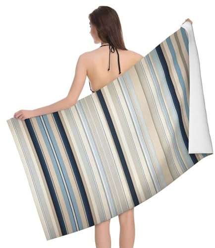 Toalla de baño de microfibra de lujo con patrón de rayas azules y beige, toalla para baño, piscina, playa y uso al aire libre