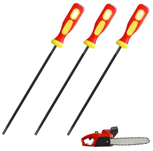 ZISHAN 3 pcs Chainsaw File, Three Sizes Round Chain Saw Sharpener File with Non-slip Handle for Chainsaw, Red Yellow