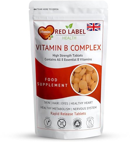 Red Label Health Vitamin B Complex High Strength, Pack of 400 Tablets (1+ Year Supply), All 8 Essential B Vitamins in 1 Tablet for Men & Women, B1, B2, B3, B5, B6, B12, Biotin & Folic Acid, UK