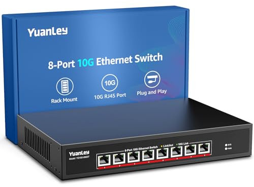 YuanLey 10G Switch Ethernet 8 Ports RJ45 10Gbps, Supportant la Vitesse 10G/5G/2.5G/1G/100M Auto-Négociation, Capacité de Commutation 160G, Commutateur Non Administré, Montable en Rack, Plug and Play