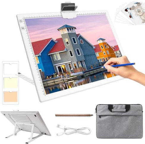 A3 Light Box with Bag, Portable Battery Powered Light Pad, 3 Colours Stepless Dimmable 6 Levels Brightness Tracing Light Box, Rechargeable Drawing Light Pad for Diamond Painting Artists Sketching
