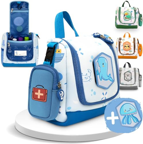 REISERACKER Kulturbeutel Kinder inkl. Medi Tasche als Kulturbeutel zum Aufhängen - Kulturtasche Kinder zum Aufhängen - Kulturtasche für Jungen und Mädchen