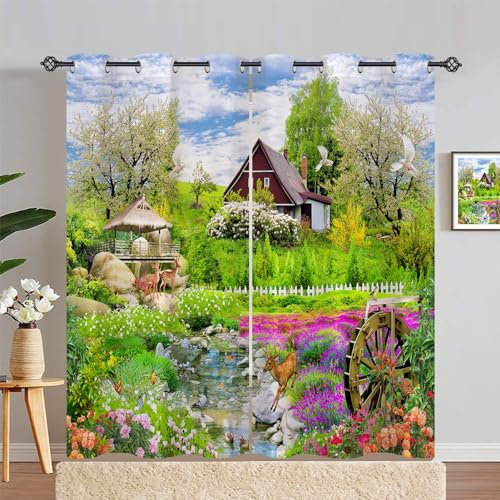 ANHOPE Natur Garten Haus Hirsch Gardinen Blickdichte Thermo Vorhänge mit Ösen Weich Vorhang Blackout Curtain Wohnzimmer Schlafzimmer Verdunklungsvorhänge 2er Set H 183 x B 117 cm