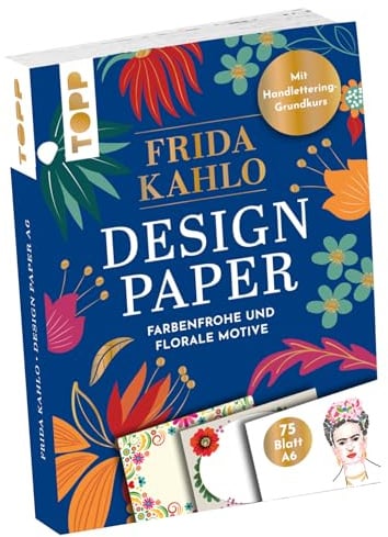 Design Paper Frida Kahlo A6. Avec cours de base de lettrage à la main. 75 papiers à motifs (DIN A6, 220 g/m²), en 25 designs, 16 pages de cours de base de lettrage à la main, couverture souple