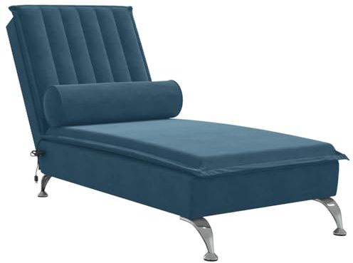 vidaXL Massage Chaiselongue mit Nackenrolle, Liegesessel mit Sperrholzlatten Metallbeine, Relaxliege für Wohnzimmer, Liegestuhl, Blau Samt