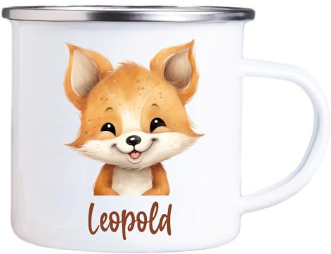 4youDesign Emaille Tasse Kinder personalisiert – Jungle Fuchs – Tier Namenstasse – Geschenk für Jungen & Mädchen – Bruchsicher & Leicht – Geschenkidee zur Einschulung & Geburtstag - 300ml
