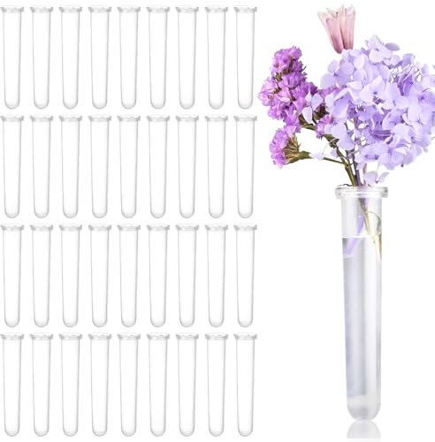 YUESIKJ 36 Stück Reagenzgläser für Blumen Transparent Blumenröhrchen mit Deckel Orchideenröhrchen Kunststoff Wasserröhrchen für Blumen 110×18mm für Blumenarrangements Blumen Pflanzen Dekoration