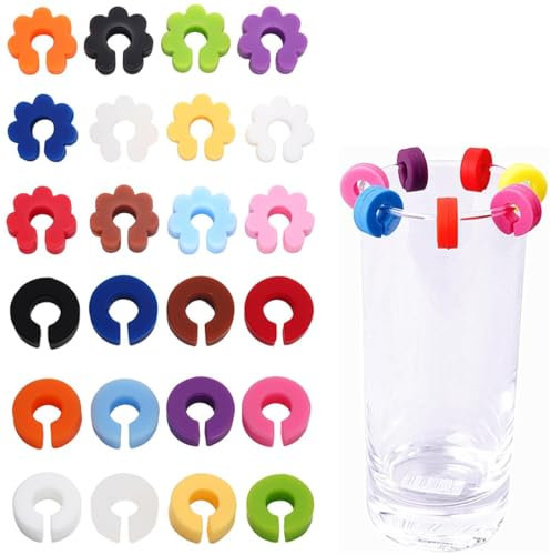 EAVUYIS Glasmarkierer, 24 Stück Glas Markierung, Glasmarker Silikon, Wein Marker, Weinglasmarkierer für Weinglas, Tassen, Trinkglas