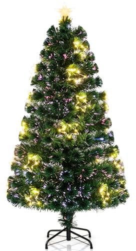 COSTWAY Albero di Natale in Fibra Ottica 120/150/180 cm, Albero di Natale Artificiale Pre-illuminato con 18/24/36 Luci a Stringa, Stella sulla Cima e 130/170/230 Punte dei Rami (150 CM)